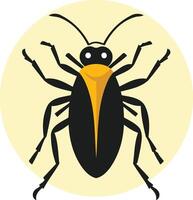 A simple, flat-style illustration of a black beetle with a yellow stripe, set against a pale yellow circle vector
