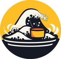 A stylized illustration of a large wave crashing over a small, stylized container, representing the power of nature and resilience vector