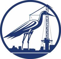 A bold and graphic logo depicting a heron standing tall against a city skyline and construction crane, symbolizing strength, growth, and urban development vector