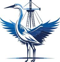 A stylized heron with outstretched wings stands in front of an oil rig, symbolizing the balance between nature and industry vector