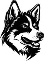 A striking black and white silhouette of a dog's head, captured in a powerful profile pose vector