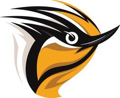 A bold and dynamic logo featuring a stylized bird's head in black, white, and yellow vector