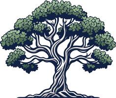 A majestic, stylized oak tree with deep roots and sprawling branches, symbolizing strength, longevity, and growth vector