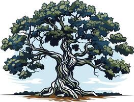 A majestic, hand-drawn illustration of a large, ancient oak tree with gnarled branches and roots, symbolizing strength, wisdom, and longevity vector
