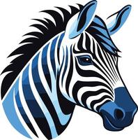 A striking zebra head illustration with a blue and black color scheme, ideal for logo designs, branding, and animal-themed projects vector