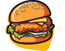A delicious cartoon illustration of a juicy chicken burger with cheese and lettuce, perfect for food blogs, menus, and social media posts vector
