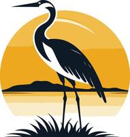 A stylized heron silhouette stands tall against a sunset backdrop, creating a serene and elegant logo design vector