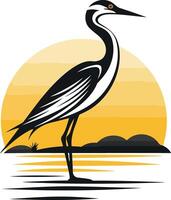 A stylized heron silhouette stands in front of a sunset, perfect for nature-themed designs vector