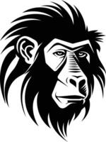 Black and white illustration of a gorilla's head, showcasing its powerful and intense gaze vector