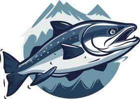 A bold and vibrant illustration of a salmon leaping against a backdrop of mountains and water vector