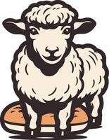 A cute, cartoon sheep standing on a loaf of bread, perfect for branding or marketing related to food, agriculture, or farm-to-table products vector