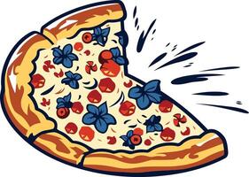 A playful illustration of a pizza slice with a bite taken out, featuring a unique topping of strawberries and blueberries vector