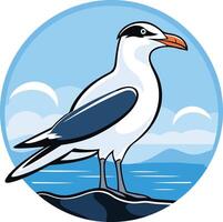 A charming illustration of a seagull standing on a rock by the sea, perfect for branding or design projects related to nature, travel, or coastal living vector