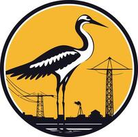 A stylized heron stands tall against a yellow sunset, silhouetted by power lines and an industrial cityscape vector