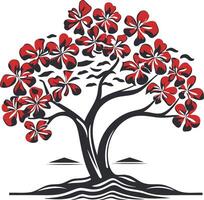 A stylized, minimalist tree with red flowers and black branches vector