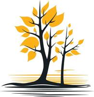 A simple yet elegant logo design featuring two stylized trees with yellow leaves, set against a stylized sunrise vector