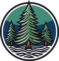 A stylized logo design featuring three pine trees, a stylized wave pattern, and a background of blue and green vector