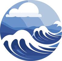 A minimalist, circular logo featuring stylized ocean waves and a single cloud, representing peace, tranquility, and the natural world vector