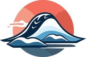 A bold and minimalist logo featuring a stylized mountain peak with a wave crashing over it, set against a rising sun vector