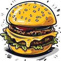 A cartoon illustration of a delicious double cheeseburger with all the fixings vector