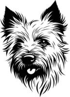 A striking black and white illustration of a cairn terrier's face, perfect for use in pet-related designs, branding, or as a decorative element vector
