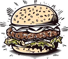 A hand-drawn illustration of a juicy burger with lettuce, cheese, and onion vector
