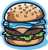 A colorful cartoon burger with a juicy patty, melted cheese, lettuce, onions, and a sesame seed bun vector