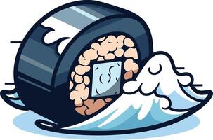 A playful cartoon sushi roll riding a wave, perfect for branding, social media, or any project needing a fun, japanese-themed touch vector