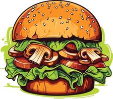 Mushroom Burger with Sesame Seed Bun vector