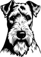A striking black and white illustration of a wirehaired fox terrier's head, showcasing its distinctive features vector