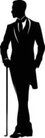 Silhouette of a man in a suit and cane, standing with his back to the viewer vector