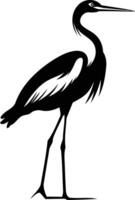 A minimalist black and white silhouette of a heron, perfect for logo design, wildlife illustrations, and nature inspired branding vector