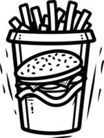 A simple line drawing of a burger and fries in a takeaway container, perfect for use in menus, food blogs, and social media posts vector