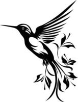 Elegant black and white hummingbird tattoo design with floral elements vector
