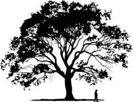 A simple yet powerful silhouette of a single tree and a lone figure, perfect for evoking feelings of solitude, nature, and contemplation vector