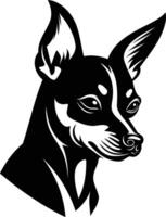 A striking black and white illustration of a chihuahua's head, captured in a dynamic pose vector