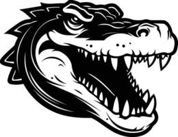 Fierce black and white illustration of a crocodile head with a menacing open jaw, perfect for logo design, t-shirt printing, and branding vector