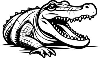 A fierce and detailed black and white illustration of an alligator with its mouth open wide, perfect for t-shirts, logos, and designs that need a powerful and iconic look vector