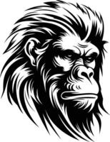 A powerful black and white illustration of a gorilla head, capturing its intensity and strength vector