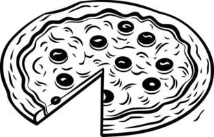 A simple, black and white illustration of a pizza with a single slice removed vector