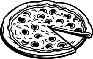 A delicious and simple black and white illustration of a pizza with a slice removed vector