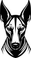 A striking black and white illustration of a xoloitzcuintli dog's head, showcasing its unique appearance and intense gaze vector