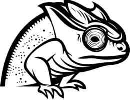 Black and white illustration of a chameleon in a side profile, showcasing its intricate details and distinctive features vector