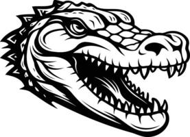 A fierce and detailed black and white illustration of a crocodile head with its mouth open, showing sharp teeth vector