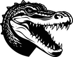 Black and white illustration of a fierce alligator head with sharp teeth vector