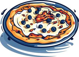 A delicious looking, cartoon style blueberry pizza with a creamy white topping and a touch of red sauce vector