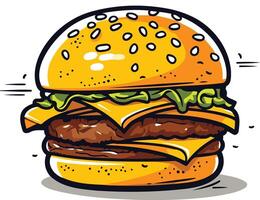 A cartoon illustration of a delicious double cheeseburger with lettuce, cheese, and sesame seed bun vector