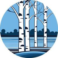 A stylized, circular design featuring birch trees against a serene blue sky and water vector
