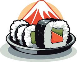 Sushi Rolls with a Mount Fuji Background vector