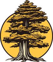 Illustration of a Large Tree in Front of a Yellow Sun vector